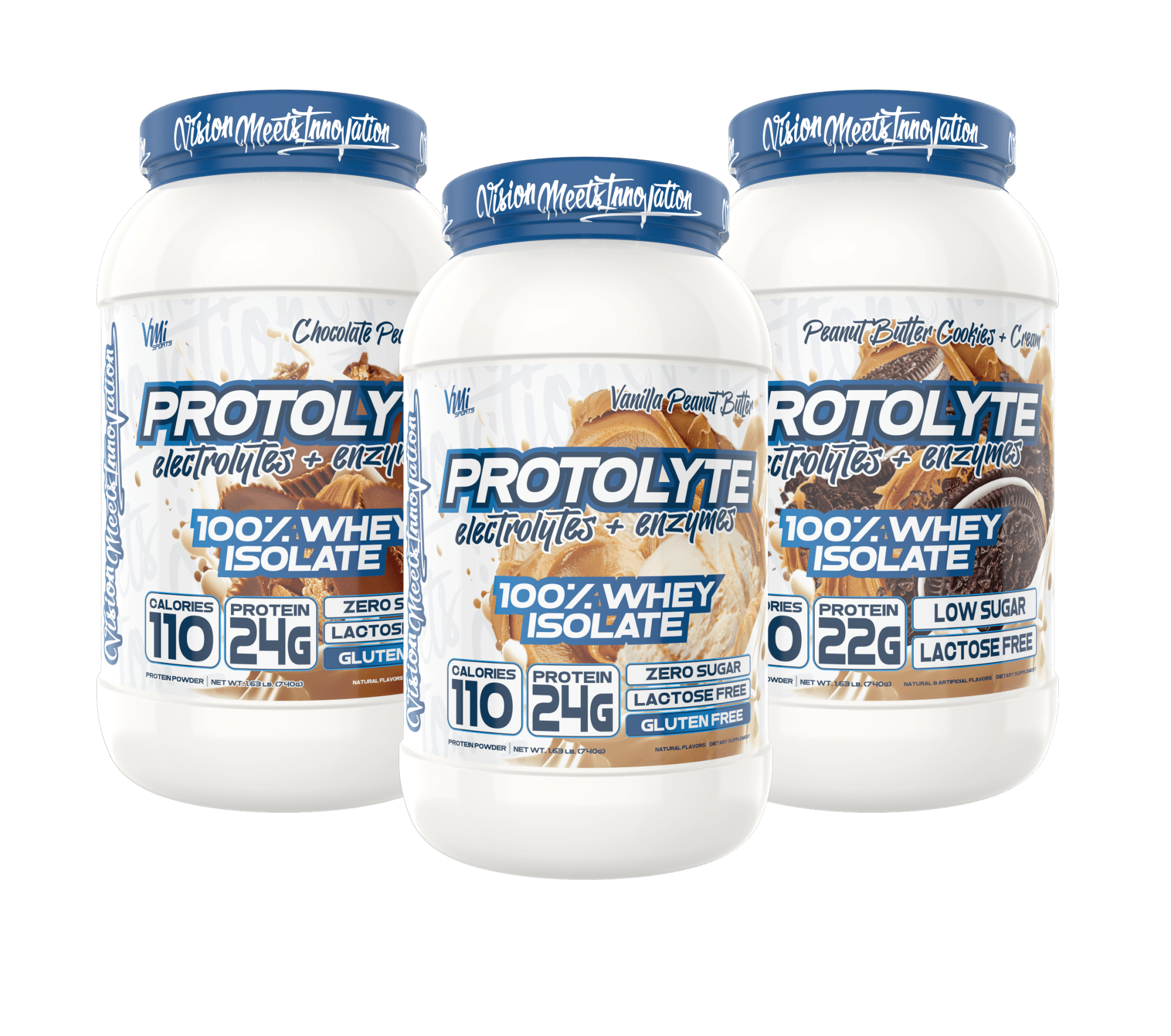 www.vmisports.com Protein ProtoLyte® Peanut Butter Stack: Vanilla Peanut Butter, Chocolate Peanut Butter, & Peanut Butter Cookies & Cream